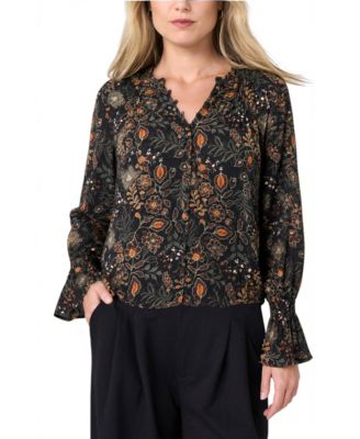 Women's Floral Satin Pintuck Long-Sleeve Blouse