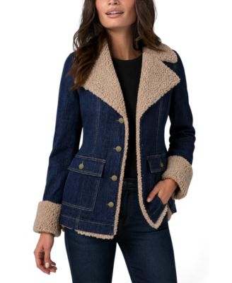 Women's Denim Sherpa-Trimmed Notch-Collar Jacket