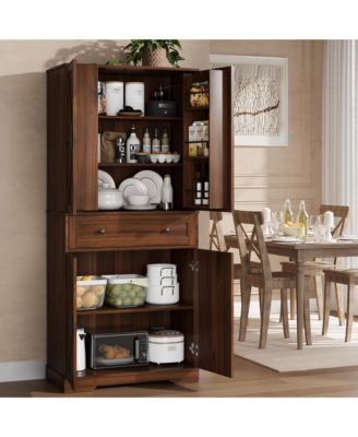 Freestanding Kitchen Pantry Cabinet with Sliding Barn Door, 6 Shelves and Storage Drawer