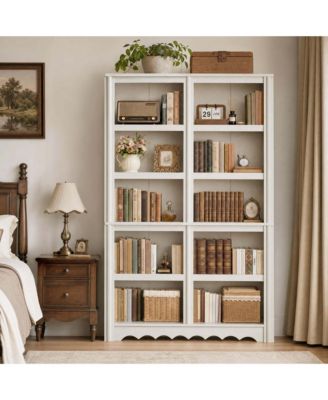 5-Tier Tall Wood Bookshelf Double Row Roman Column Wood Storage Rack