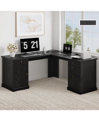 60" L-Shaped Home Office Desk with Storage Drawers File Cabinet and Charging Hub for Study Workstation