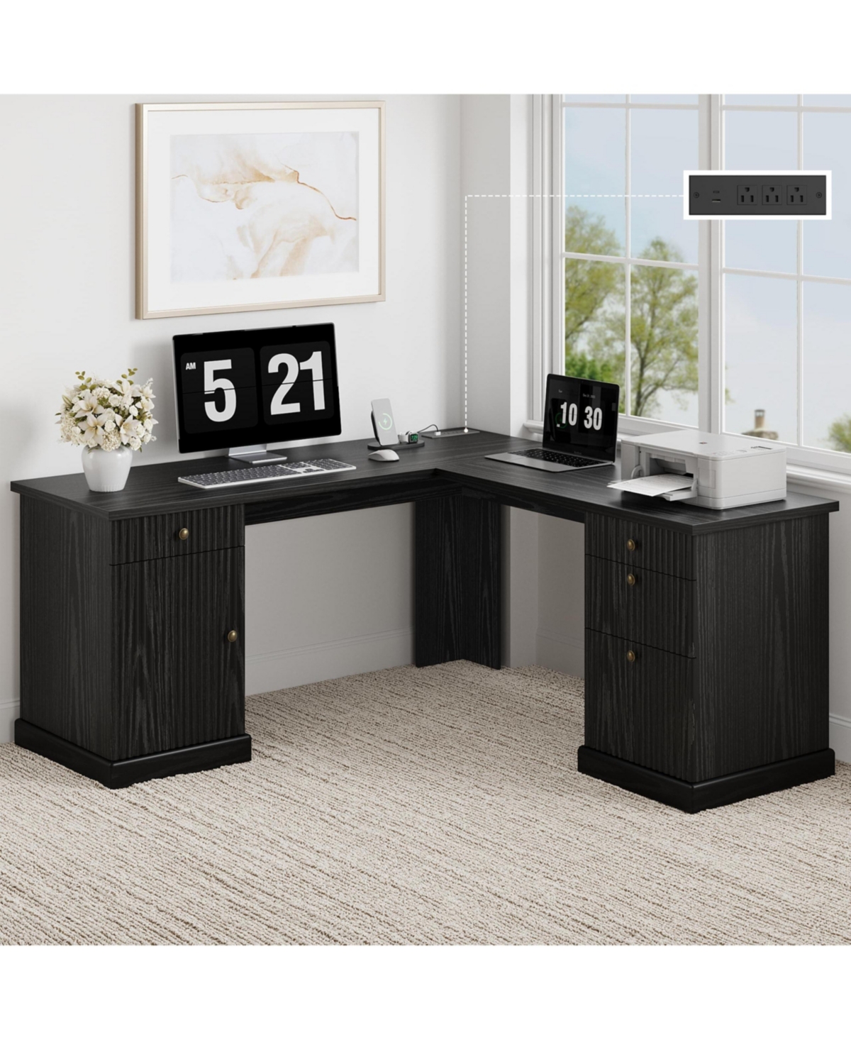 gaomon 60" L-Shaped Home Office Desk with Storage Drawers File Cabinet and Charging Hub for Study Workstation