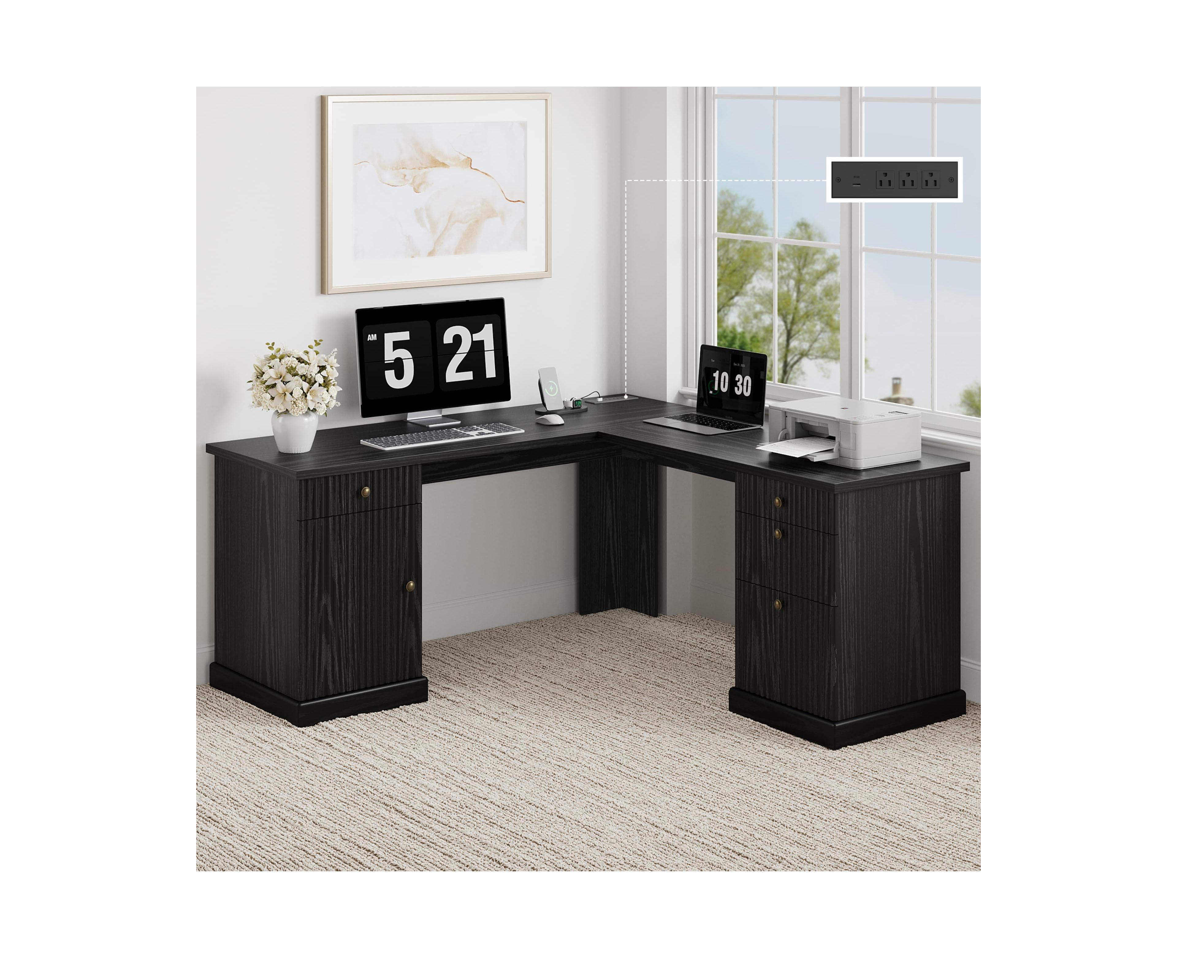 gaomon 60" L-Shaped Home Office Desk with Storage Drawers File Cabinet and Charging Hub for Study Workstation