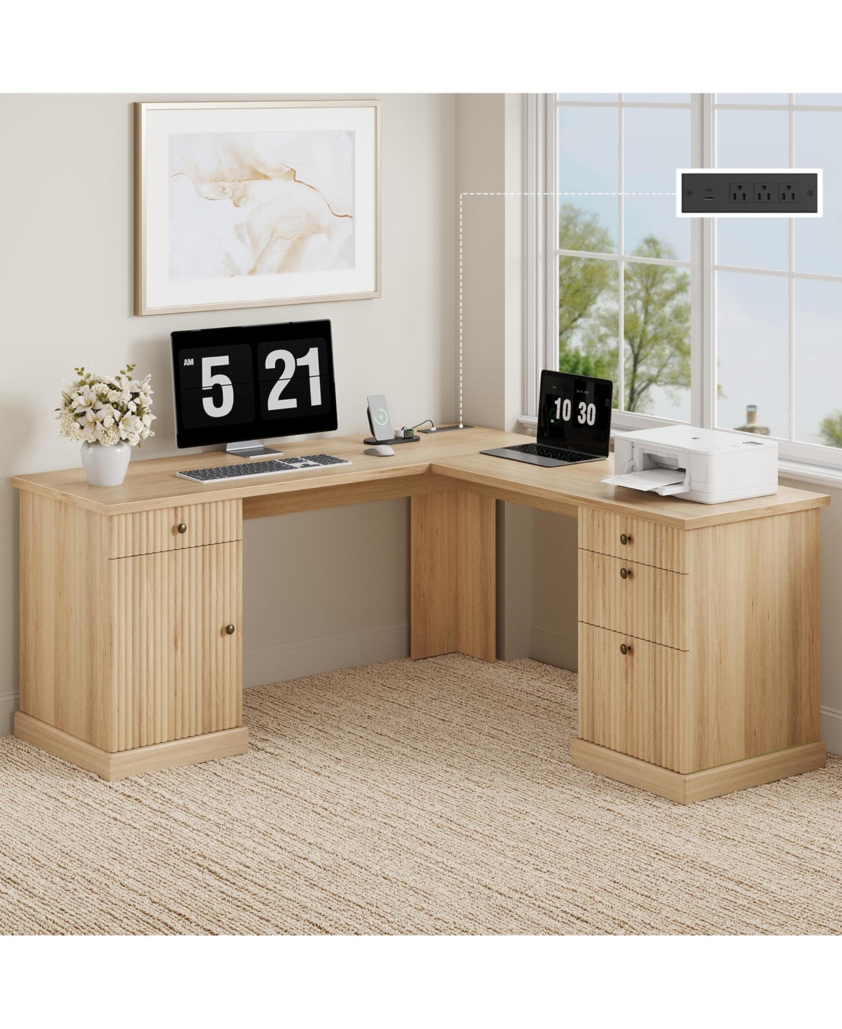 gaomon 60" L-Shaped Home Office Desk with Storage Drawers File Cabinet and Charging Hub for Study Workstation - Yellow