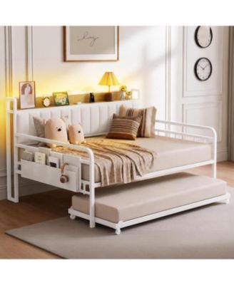 Daybed with Trundle and LED Light, Metal Full Bed Frame, Black Upholstered Storage Headboard Charging Station