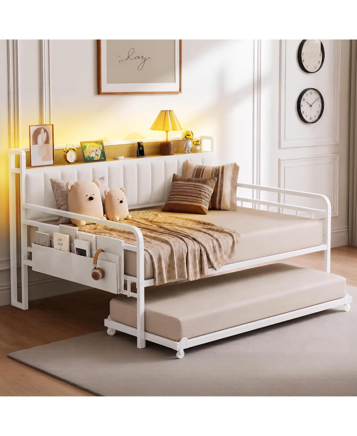 gaomon Daybed with Trundle and Led Light, Metal Full Bed Frame, Black Upholstered Storage Headboard Charging Station - Natural