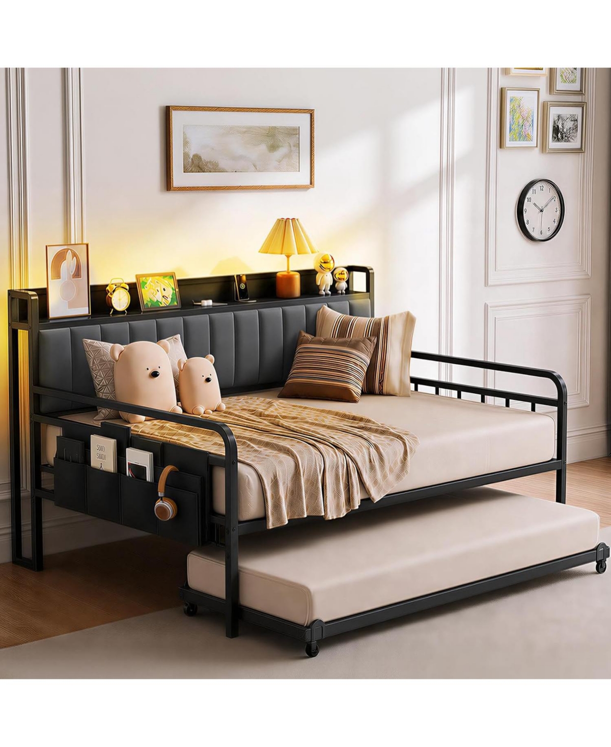 gaomon Daybed with Trundle and Led Light, Metal Full Bed Frame, Black Upholstered Storage Headboard Charging Station