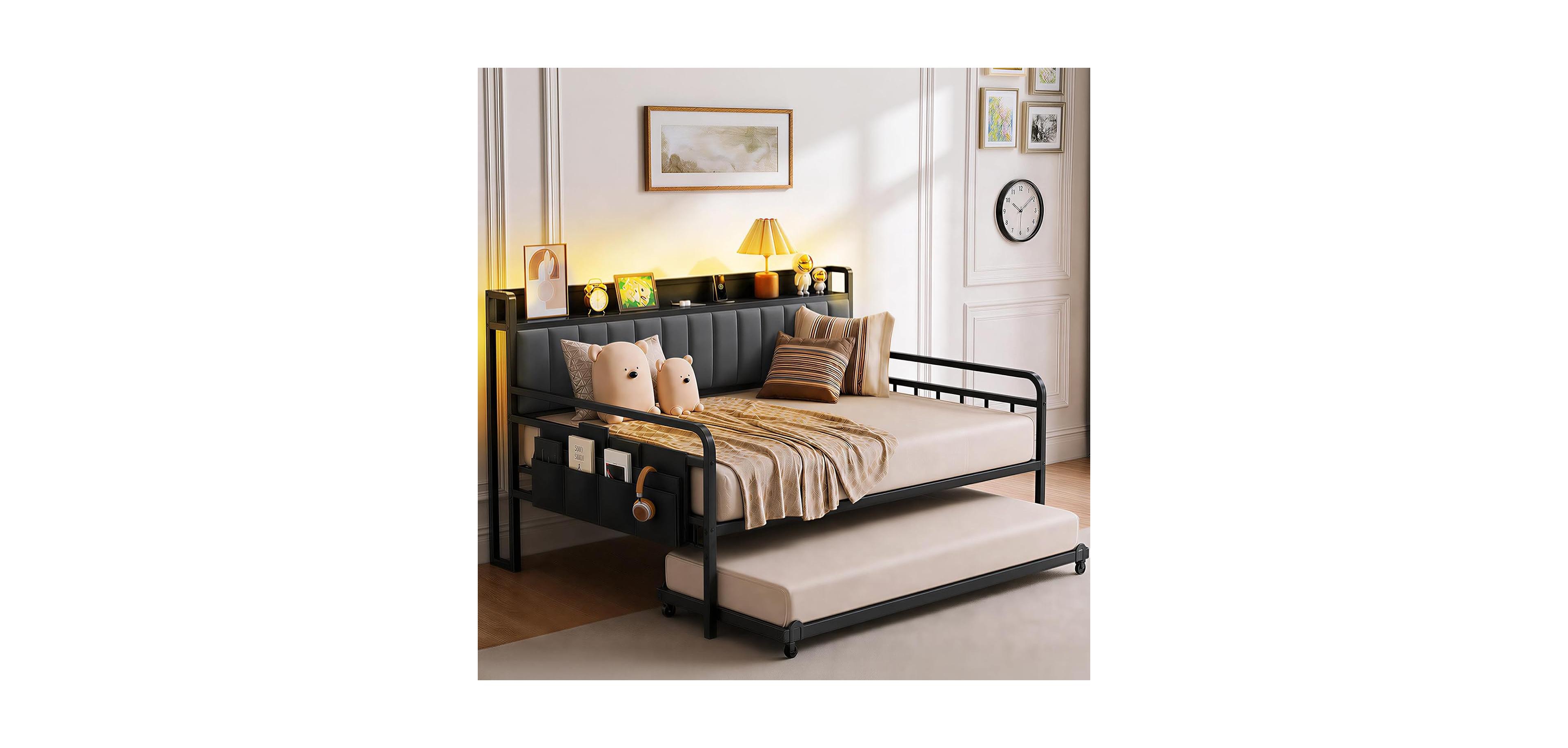 gaomon Daybed with Trundle and Led Light, Metal Full Bed Frame, Black Upholstered Storage Headboard Charging Station