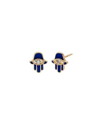 Cubic Zirconia 14K Gold Hamsa Stud Earrings