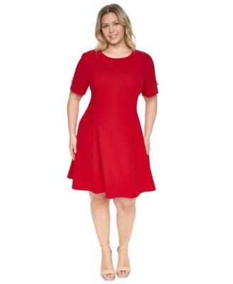 Plus Size Puff Sleeve Fit & Flare Jewel Neck Dress
