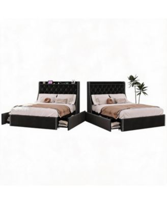Wingback Upholstered Bed Frame with 4 Drawers, USB Type-C Charging Full Size, 4 Smooth-Glide Drawers, 2 AC + 1 USB + 1 Type-C Ports