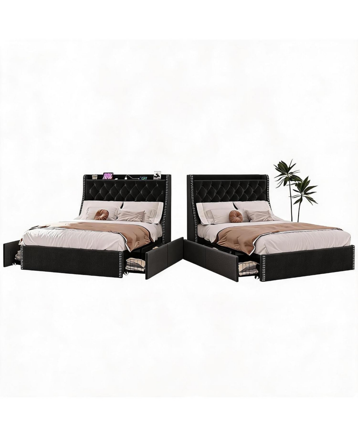 gaomon Wingback Upholstered Bed Frame with 4 Drawers, Usb Type-c Charging Full Size, 4 Smooth-Glide Drawers, 2 Ac + 1 Usb + 1 Type-c Ports - Black