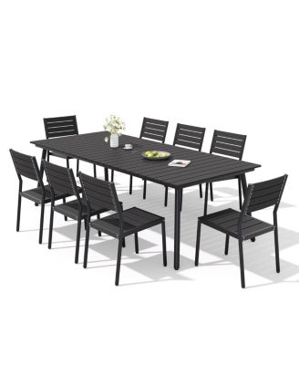 9-Piece Outdoor Patio Dining Set Rectangle Aluminum Dining Table with Umbrella Hole and Stackable Chairs
