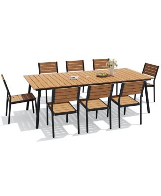 9-Piece Outdoor Patio Dining Set Rectangle Aluminum Dining Table with Umbrella Hole and Stackable Chairs