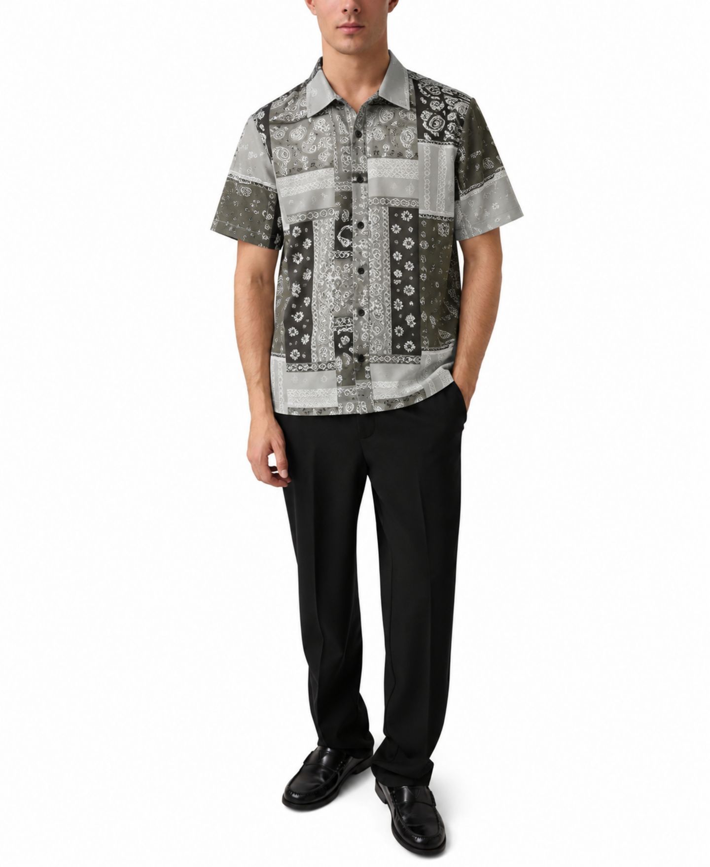 Мужская рубашка GUESS Eco Rayon Patchwork Short-Sleeve Spread Collar Button-Up, цвет: С принтом зелёный — фото 2
