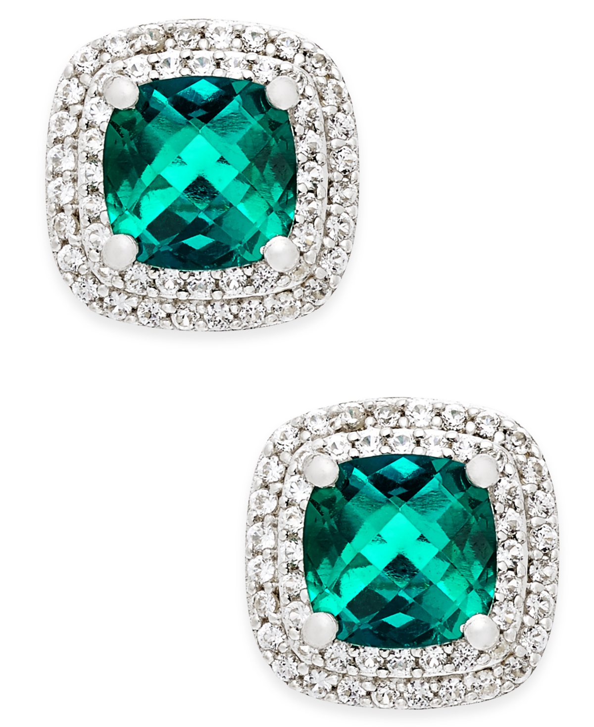 Shop Macy's Lab-grown Emerald (1-1/3 Ct. T.w.) And White Sapphire (1/3 Ct. T.w.) Square Stud Earrings In Sterlin