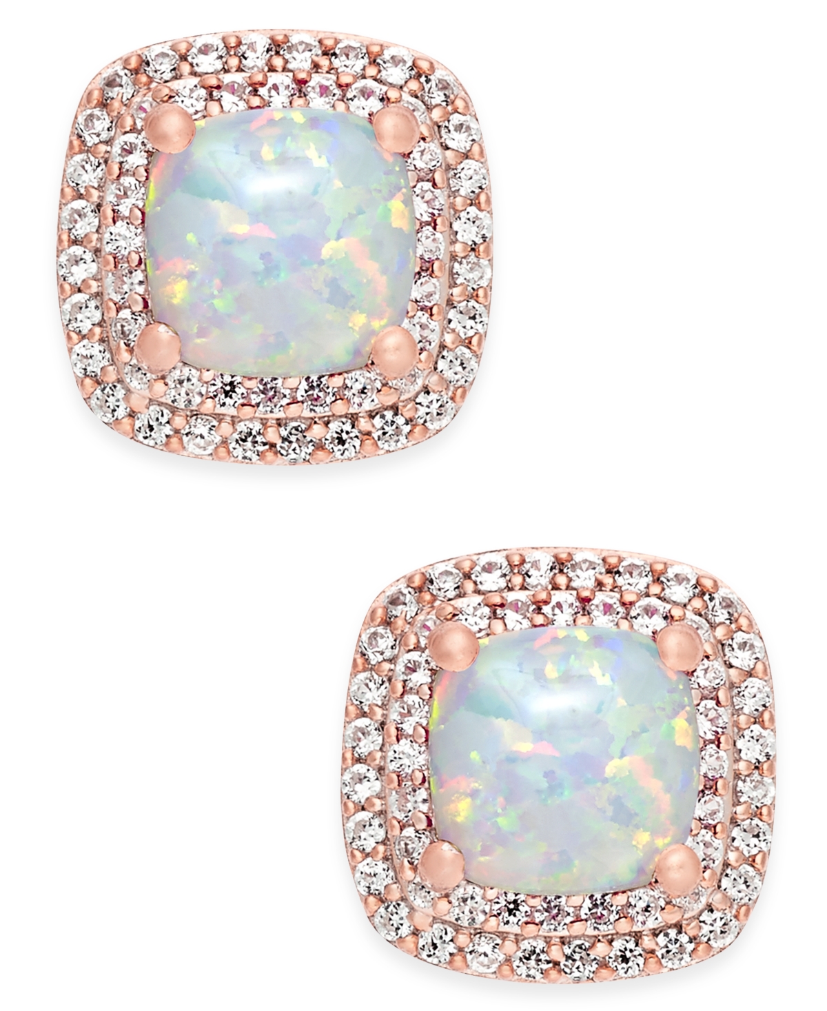 Macy's Lab-grown Opal (3/4 Ct. T.w.) And White Sapphire (1/3 Ct. T.w.) Square Stud Earrings In 14k Rose Gol