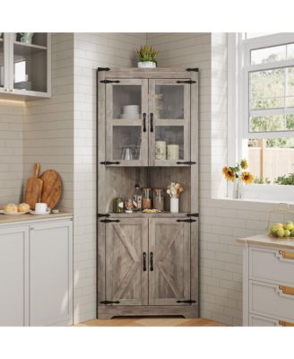 Corner Storage Cabinet 67 Inch Tall 5-Tier with LED Lights Glass Doors Adjustable Shelves Wood Organizer for Kitchen Living Room