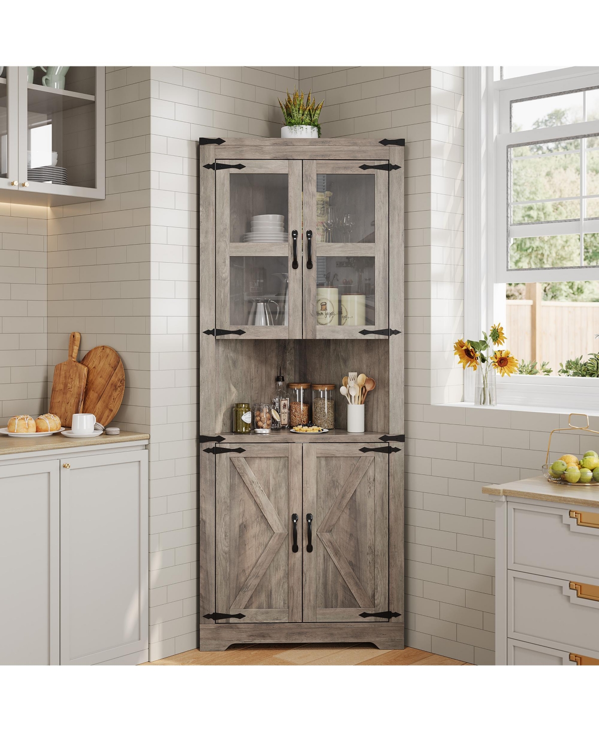 homfan Corner Storage Cabinet 67 Inch Tall 5-Tier with Led Lights Glass Doors Adjustable Shelves Wood Organizer for Kitchen Living Room - Grey