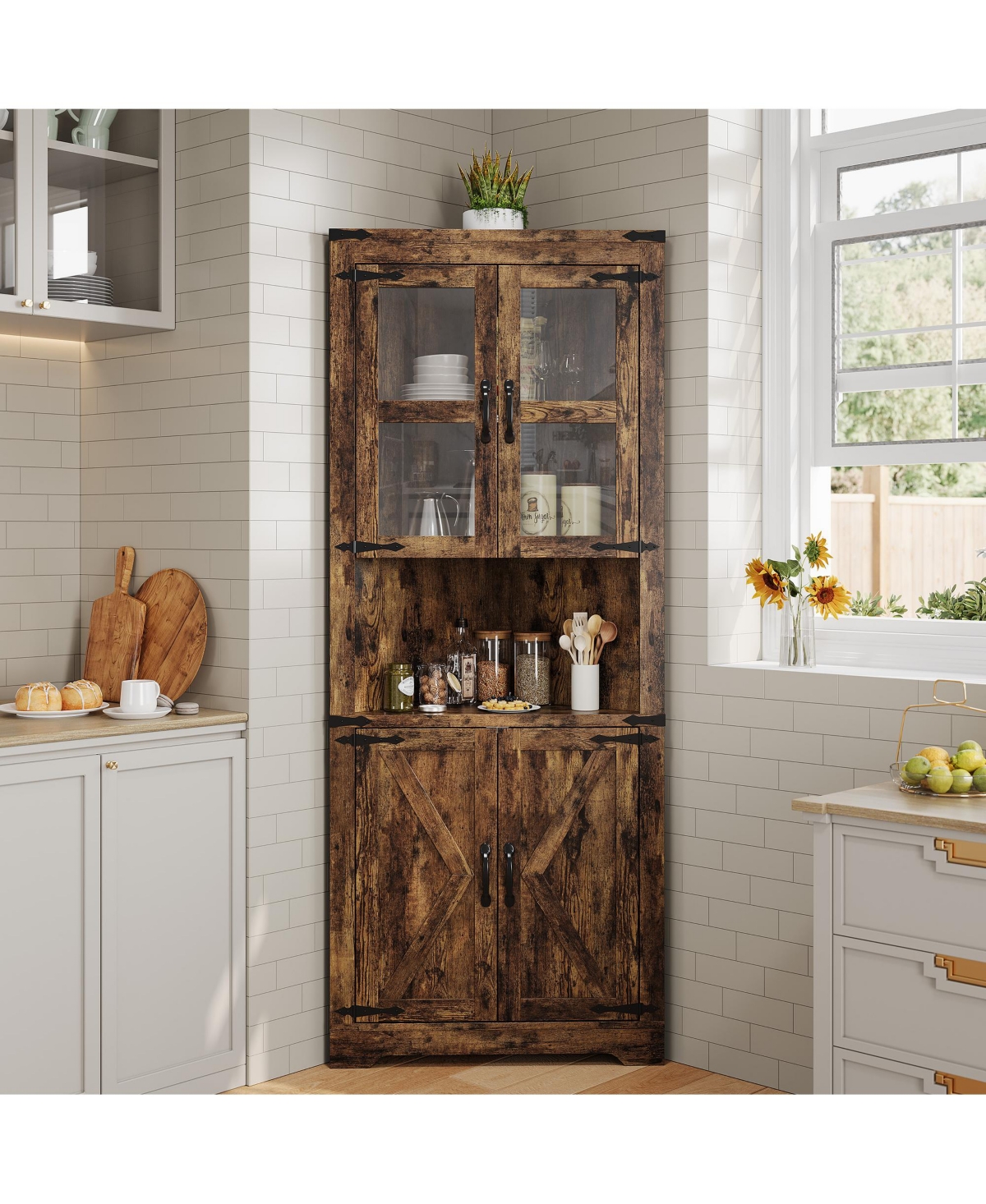homfan Corner Storage Cabinet 67 Inch Tall 5-Tier with Led Lights Glass Doors Adjustable Shelves Wood Organizer for Kitchen Living Room - Dark Brown