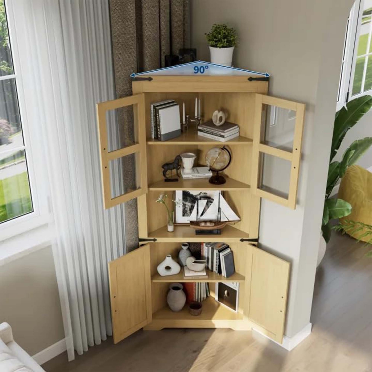 homfan Corner Storage Cabinet 67 Inch Tall 5-Tier with Led Lights Glass Doors Adjustable Shelves Wood Organizer for Kitchen Living Room - Yellow