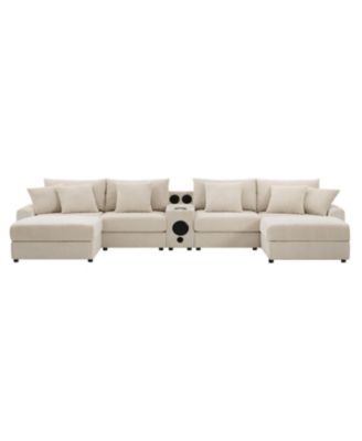 Corduroy Sectional Sofa with Bluetooth Speakers U-Shaped Couch with Console USB Charger Sofa for Living Room