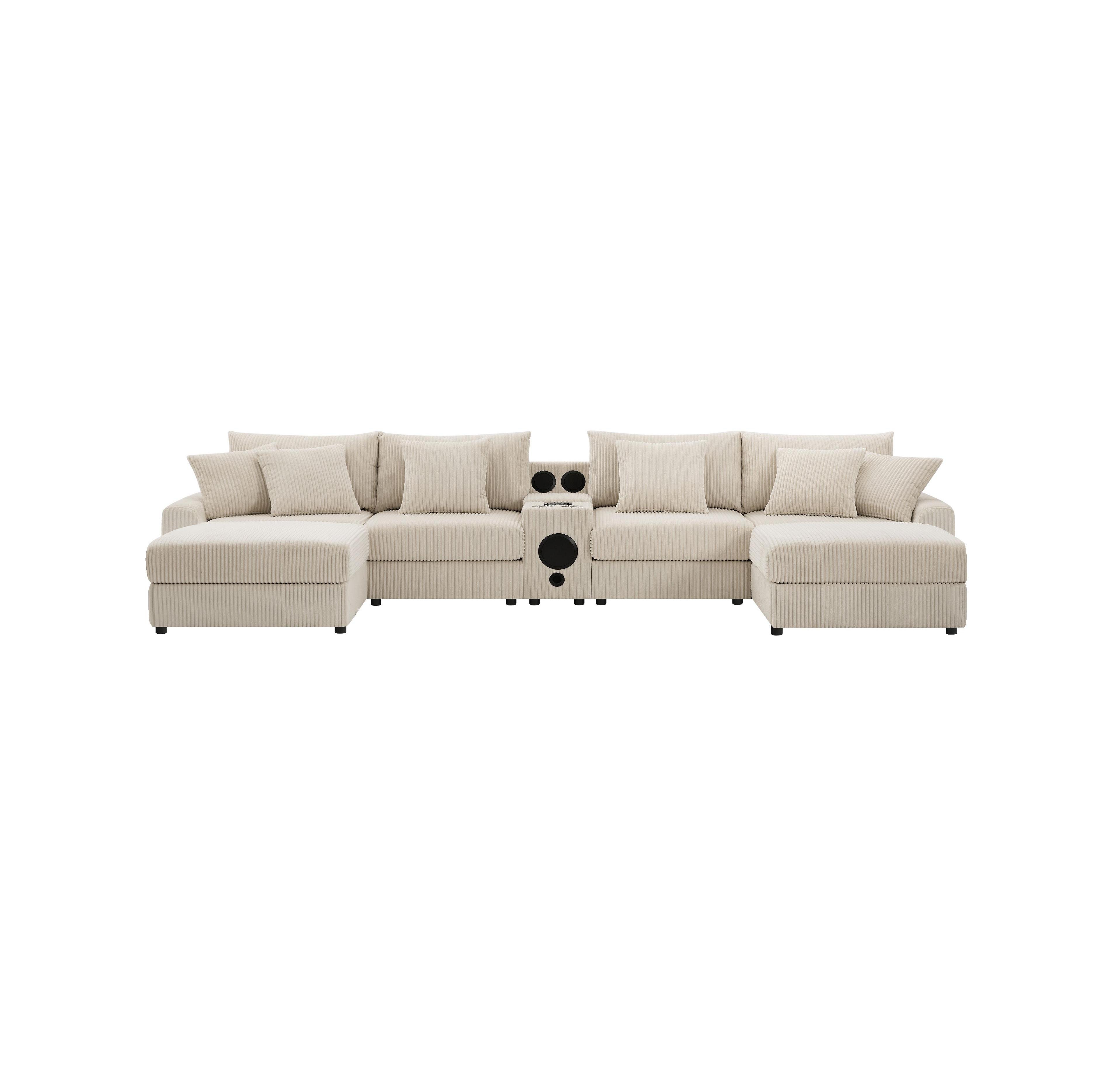 Boyel Living Corduroy Sectional Sofa with Bluetooth Speakers U-Shaped Couch with Console Usb Charger Sofa for Living Room