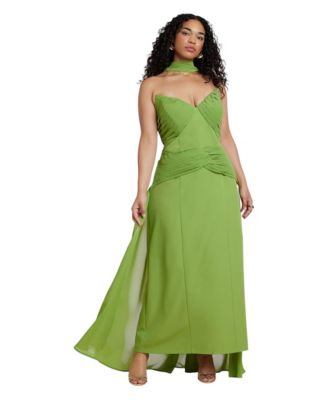 Plus Size Back-Train Pleated-Bodice Strapless Gown