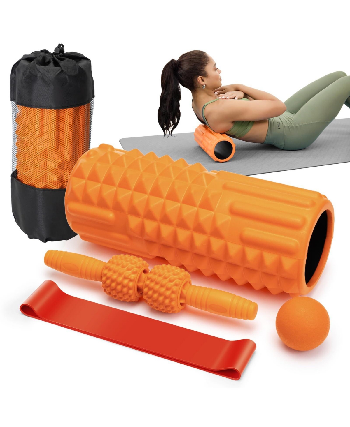 Sportneer 5 In 1 Foam Roller Set Deep Tissue Muscle Massage Fitness Recovery Kit - Orange