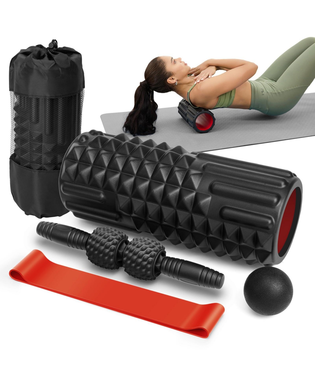 Sportneer 5 In 1 Foam Roller Set Deep Tissue Muscle Massage Fitness Recovery Kit - Black