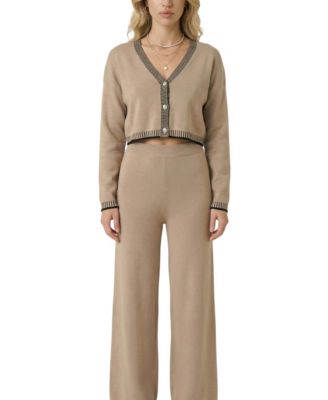 Women's Contrast-Trim Cropped Wide-Leg Cardigan and Pants, 2-Piece Set