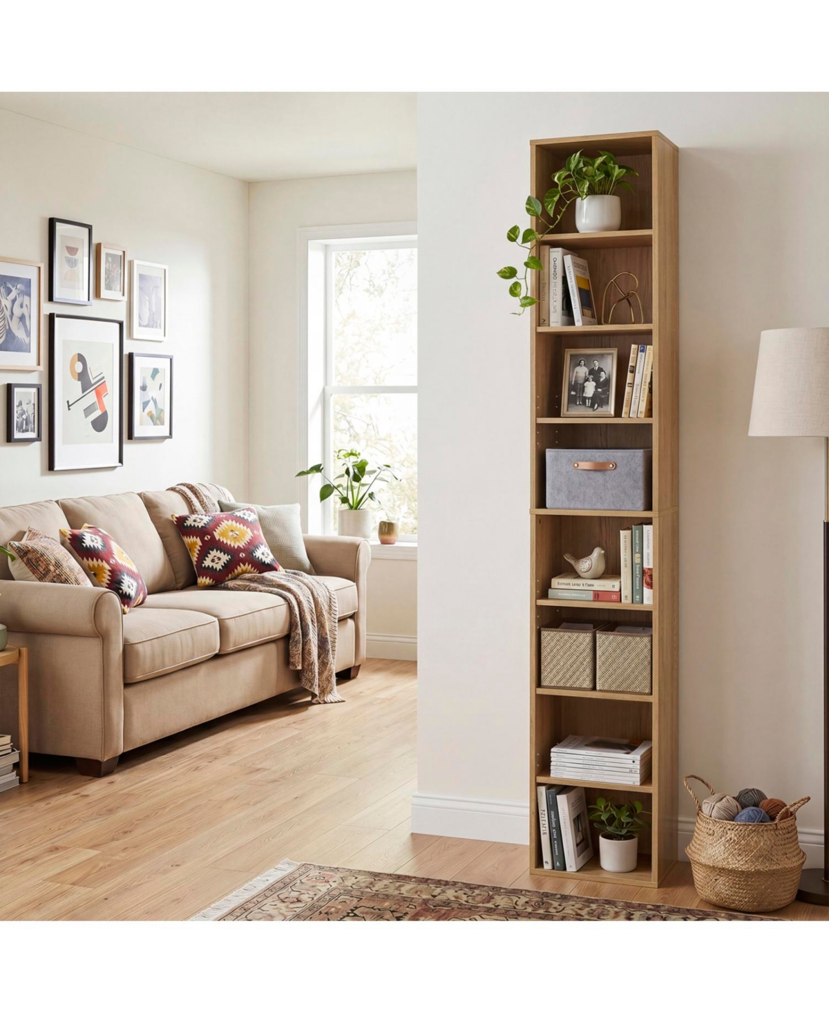 Boyel Living Narrow Bookshelf, 8-Tier Tall Skinny Bookcase with 4 Adjustable Shelves and Open Cubes - Natural