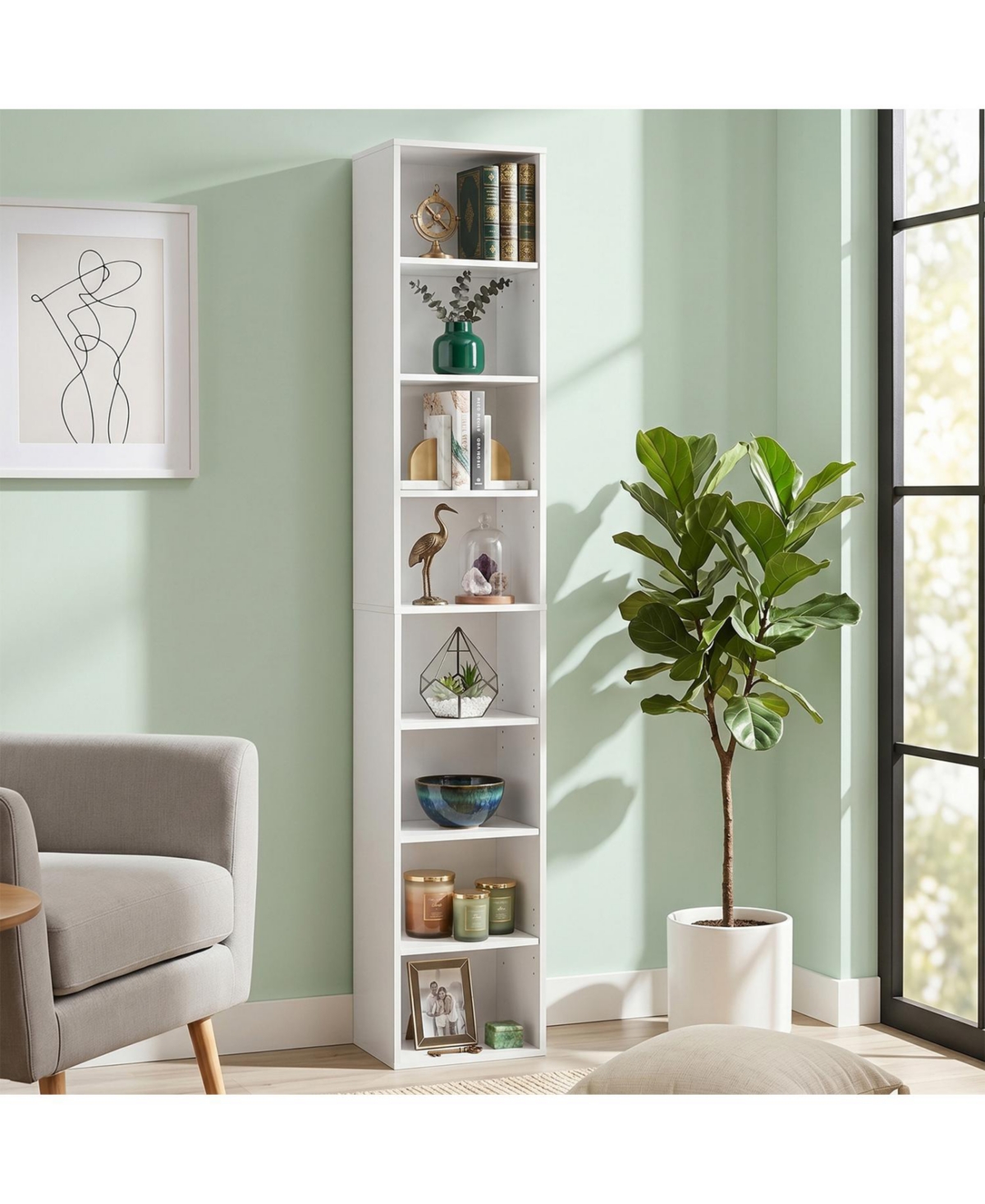 Boyel Living Narrow Bookshelf, 8-Tier Tall Skinny Bookcase with 4 Adjustable Shelves and Open Cubes - White