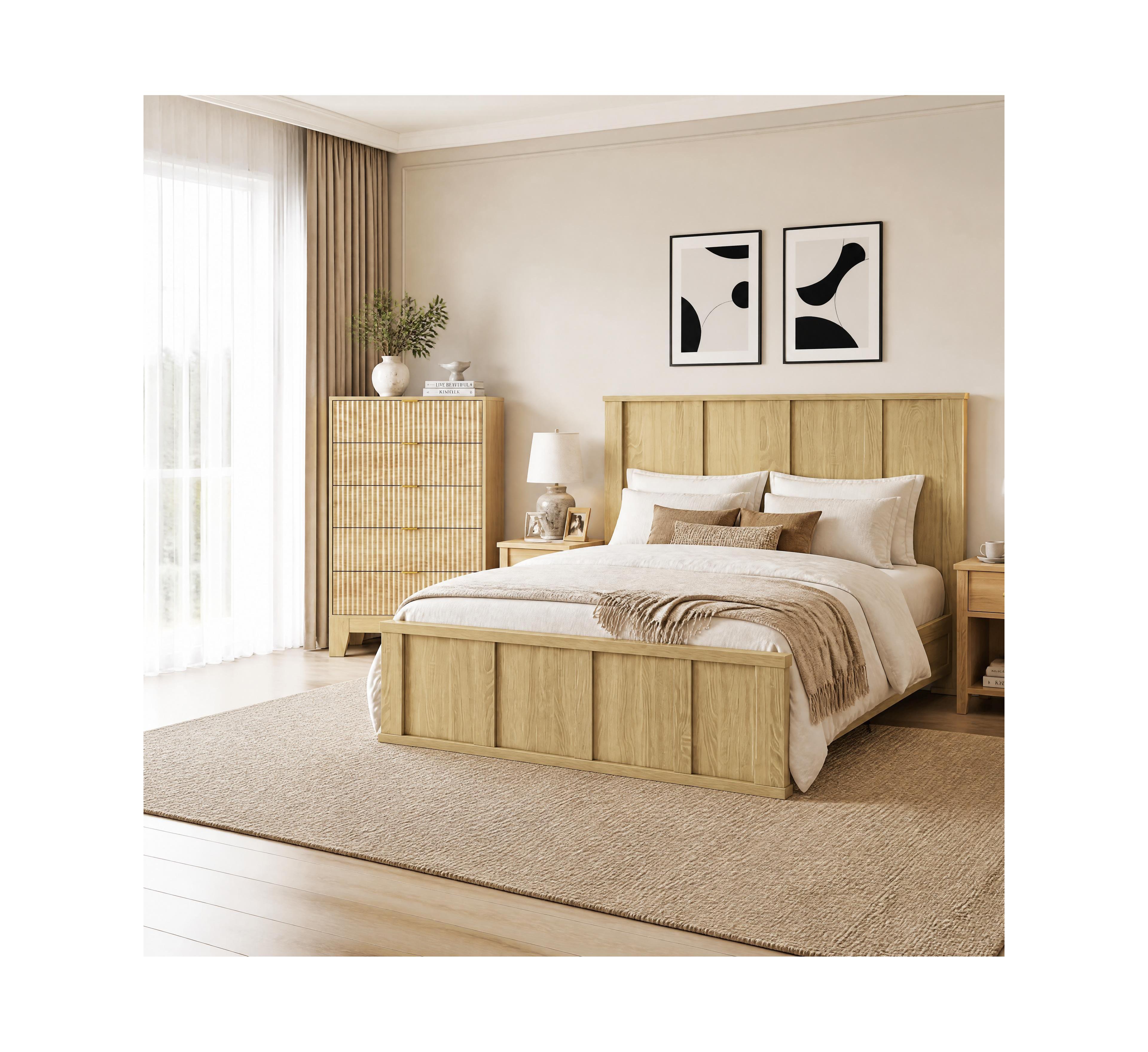homfan Modern Farmhouse Bedroom Set, Solid Wood Platform Bed with Tall Headboard and 5-Drawer Fluted Dresser