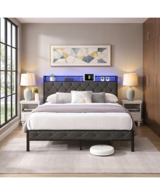 Bed Frame with  Storage Headboard, Charging Station and LED Lights, Upholstered Platform Bed with Heavy Metal Slats