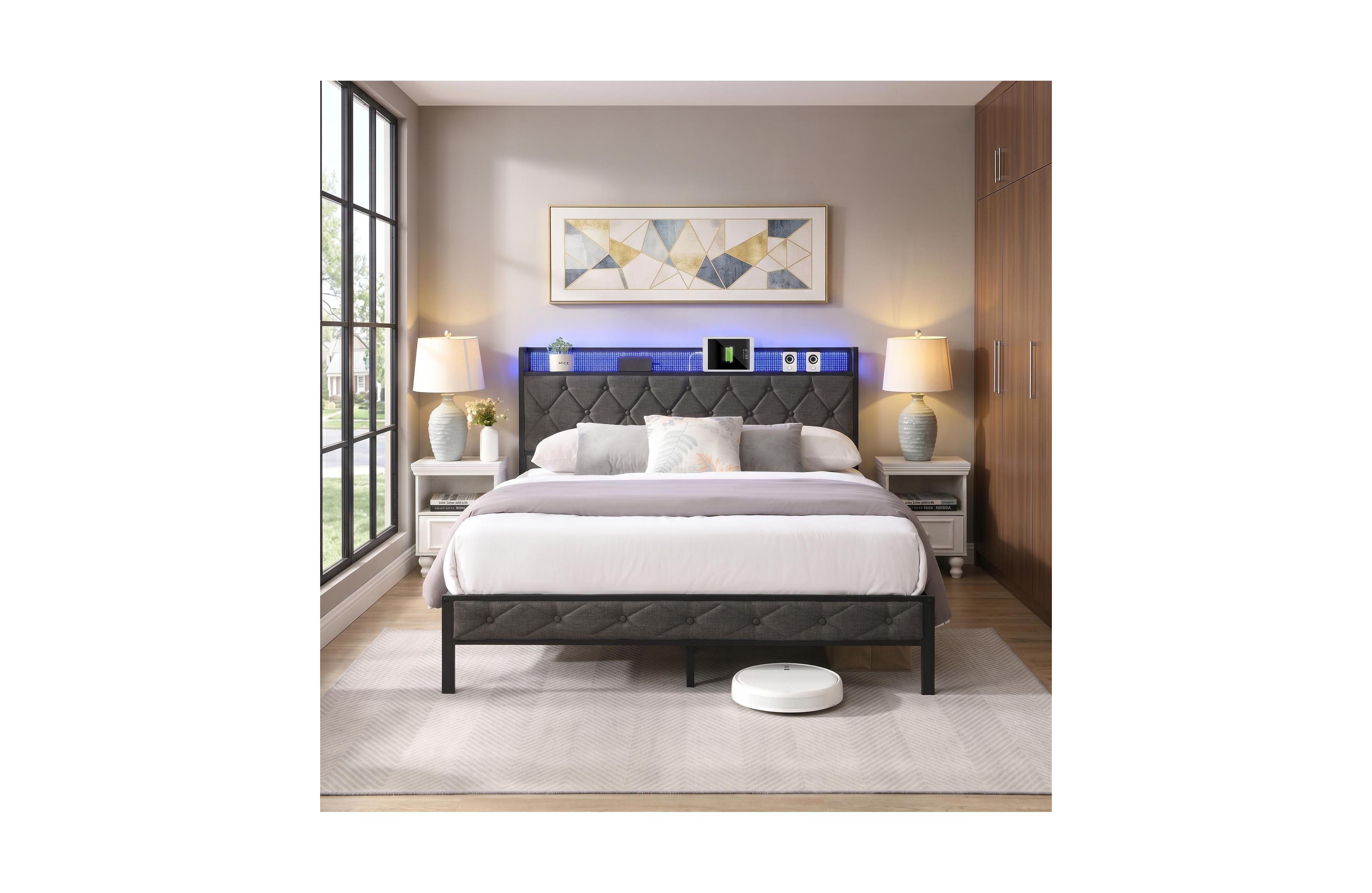 Clihome Bed Frame with Storage Headboard, Charging Station and Led Lights