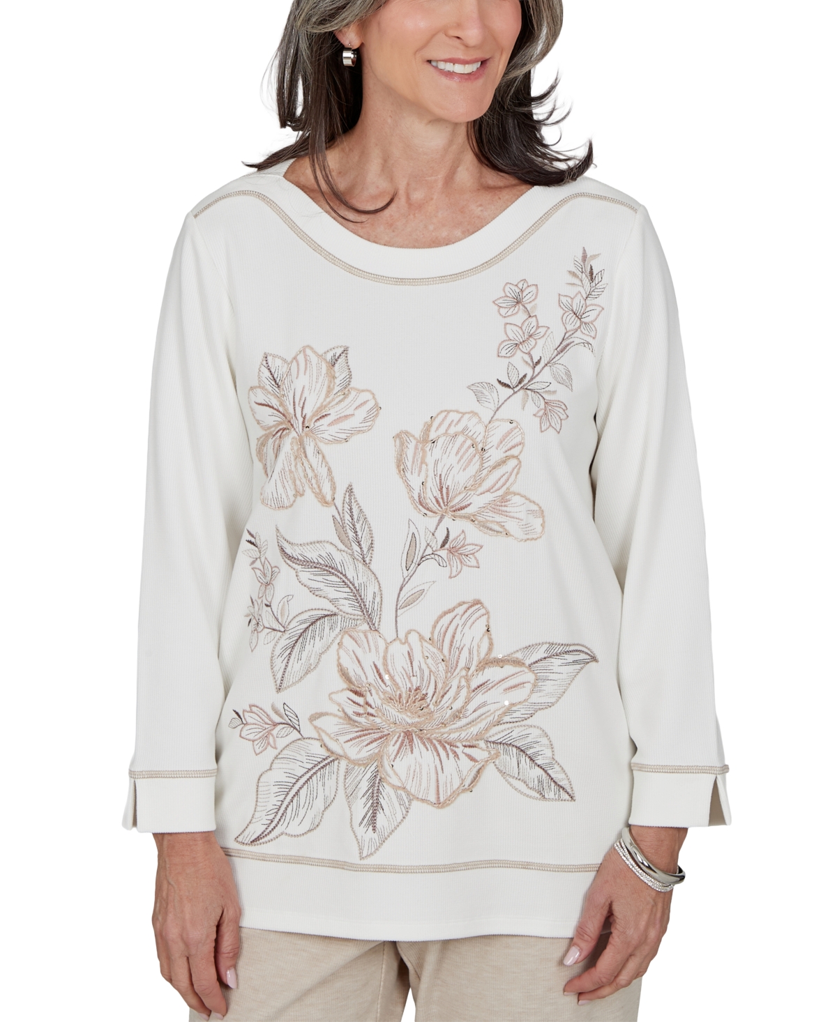Alfred Dunner Petite Floral 3/4-sleeve Side-slit Blouse In Ivory