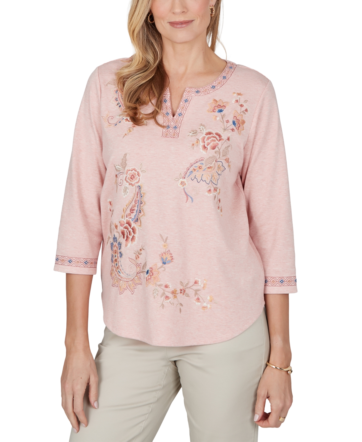 Alfred Dunner Petite 3/4-sleeve Floral-embroidered Henley Blouse In Apricot