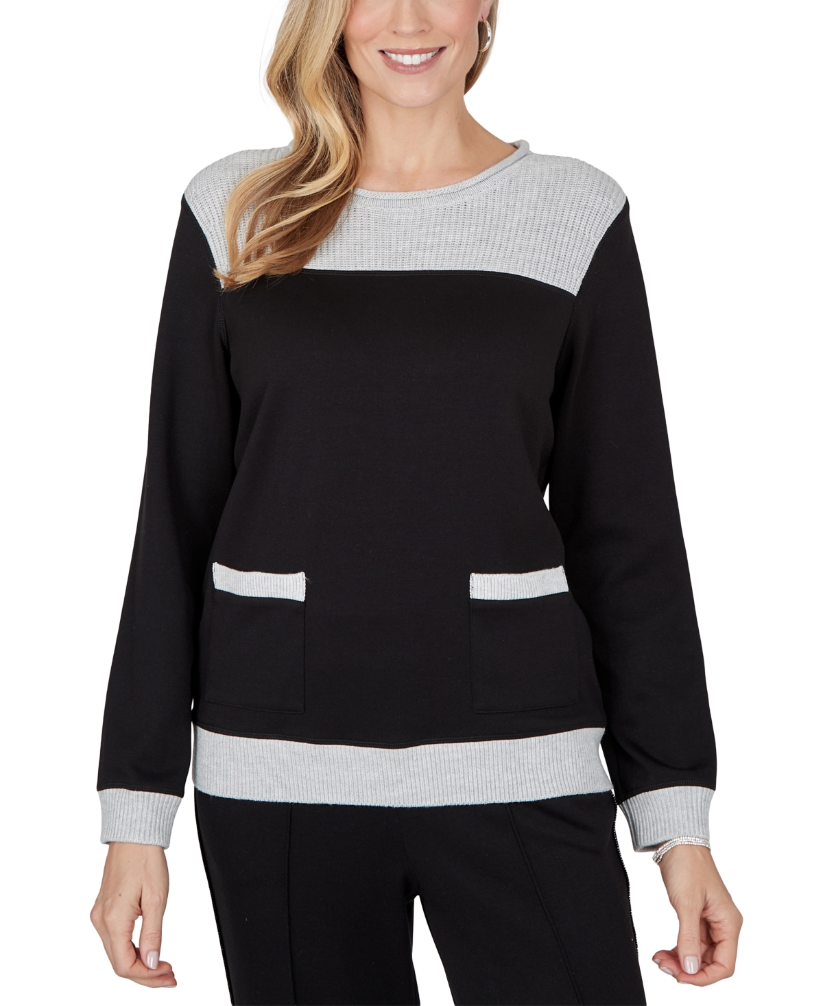 Alfred Dunner Petite Colorblock Long-sleeve Crewneck Sweater In Black