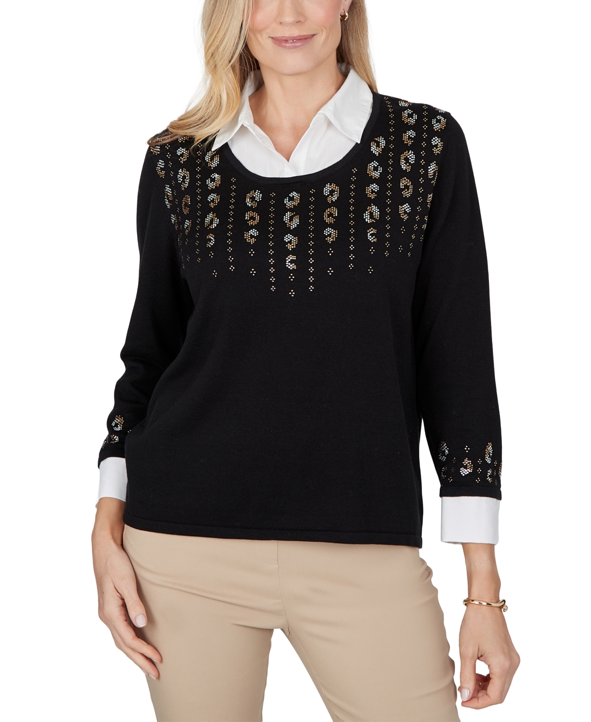 Alfred Dunner Petite Crewneck 3/4-Sleeve Cotton-Blend Sweater