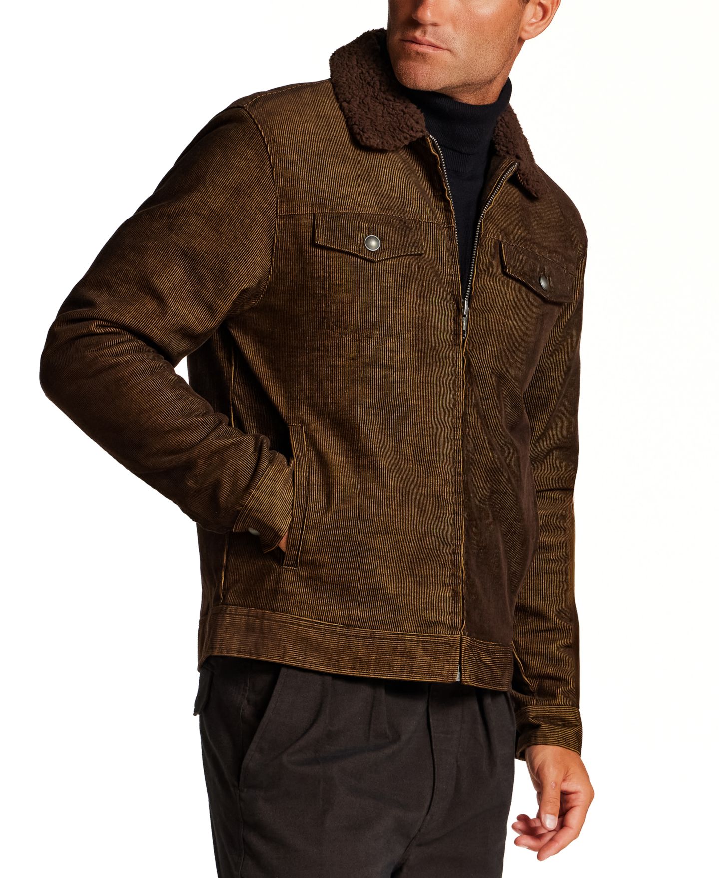 Мужская куртка Vintage & Black Sherpa-Lined Two-Tone Corduroy Trucker, цвет: Коричневый — фото 5