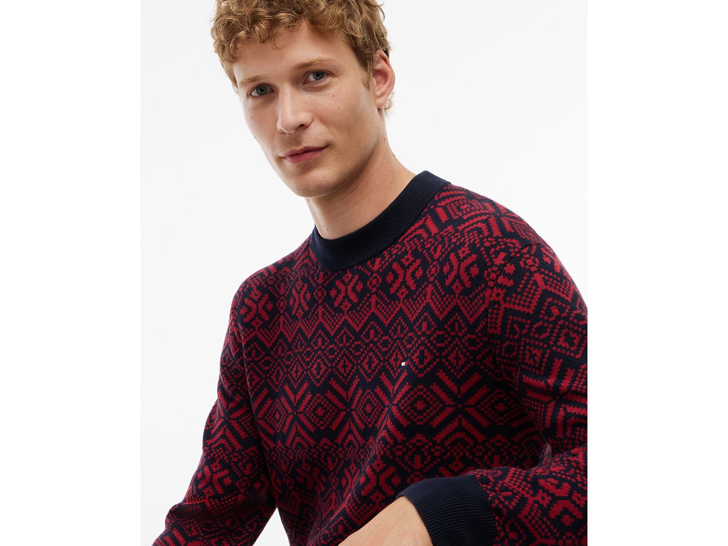 Мужской свитер Tommy Hilfiger Fair Isle с круглым вырезом, цвет: Красный / Тёмно-синий — фото 3