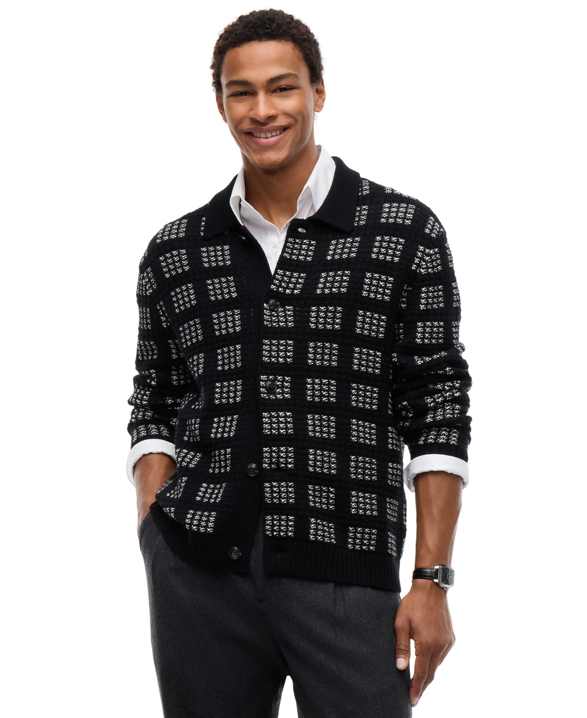 Tommy Hilfiger Men's Ny Button Up Wool-Blend Regular-Fit Plaid Cardigan