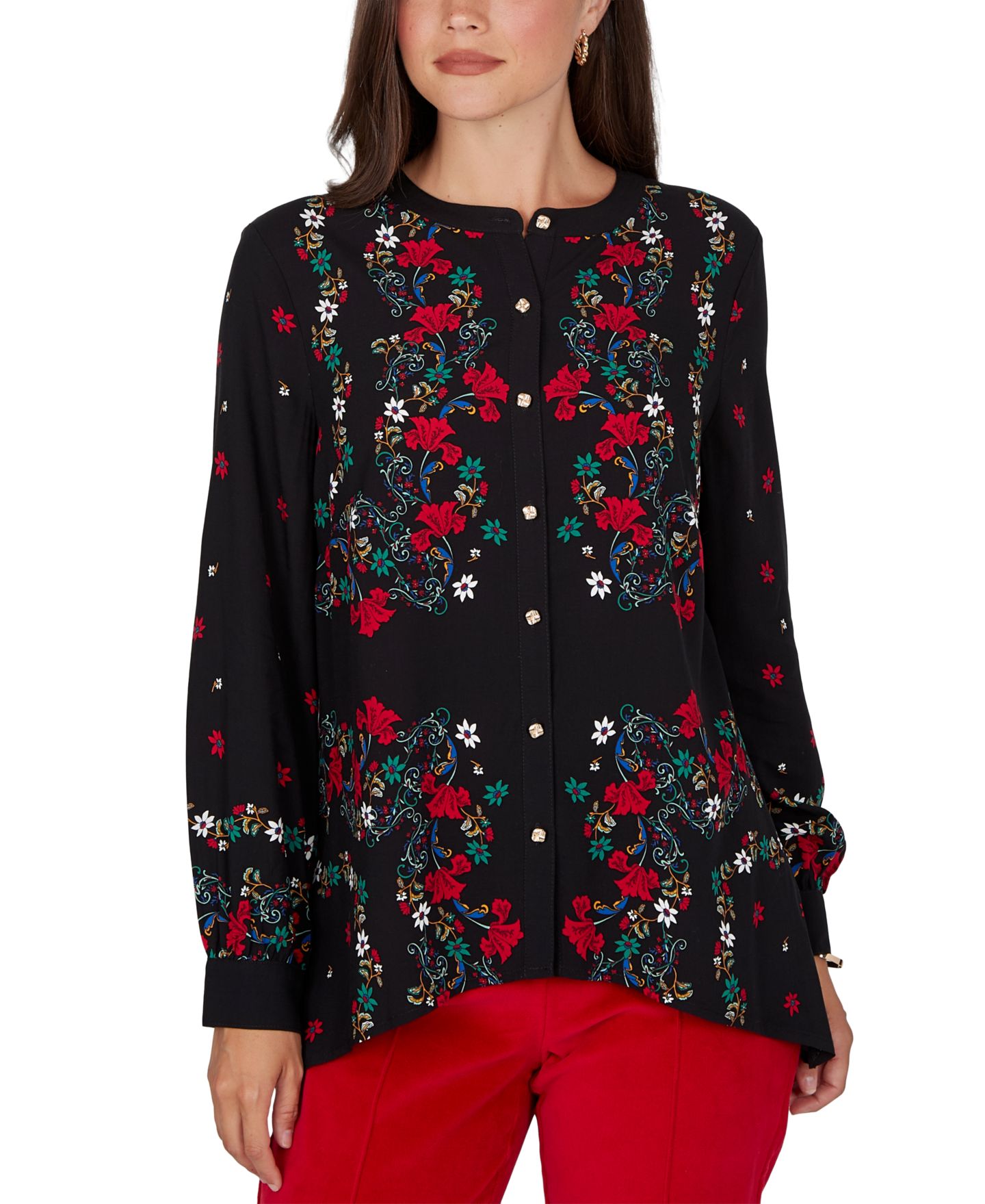 Женская блузка Ruby Rd. Petite Wov Floral Long-Sleeve, цвет: Чёрный разноцветный — фото 1