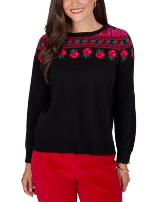 Petite Fair Isle-Inspired Long-Sleeve Rose Pullover Sweater