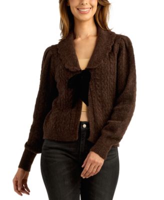Juniors' Cable-Knit Bow Long-Sleeve Cardigan