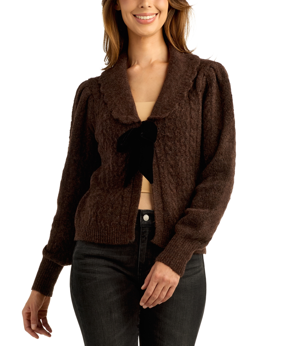 Bcx Juniors' Cable-Knit Bow Long-Sleeve Cardigan