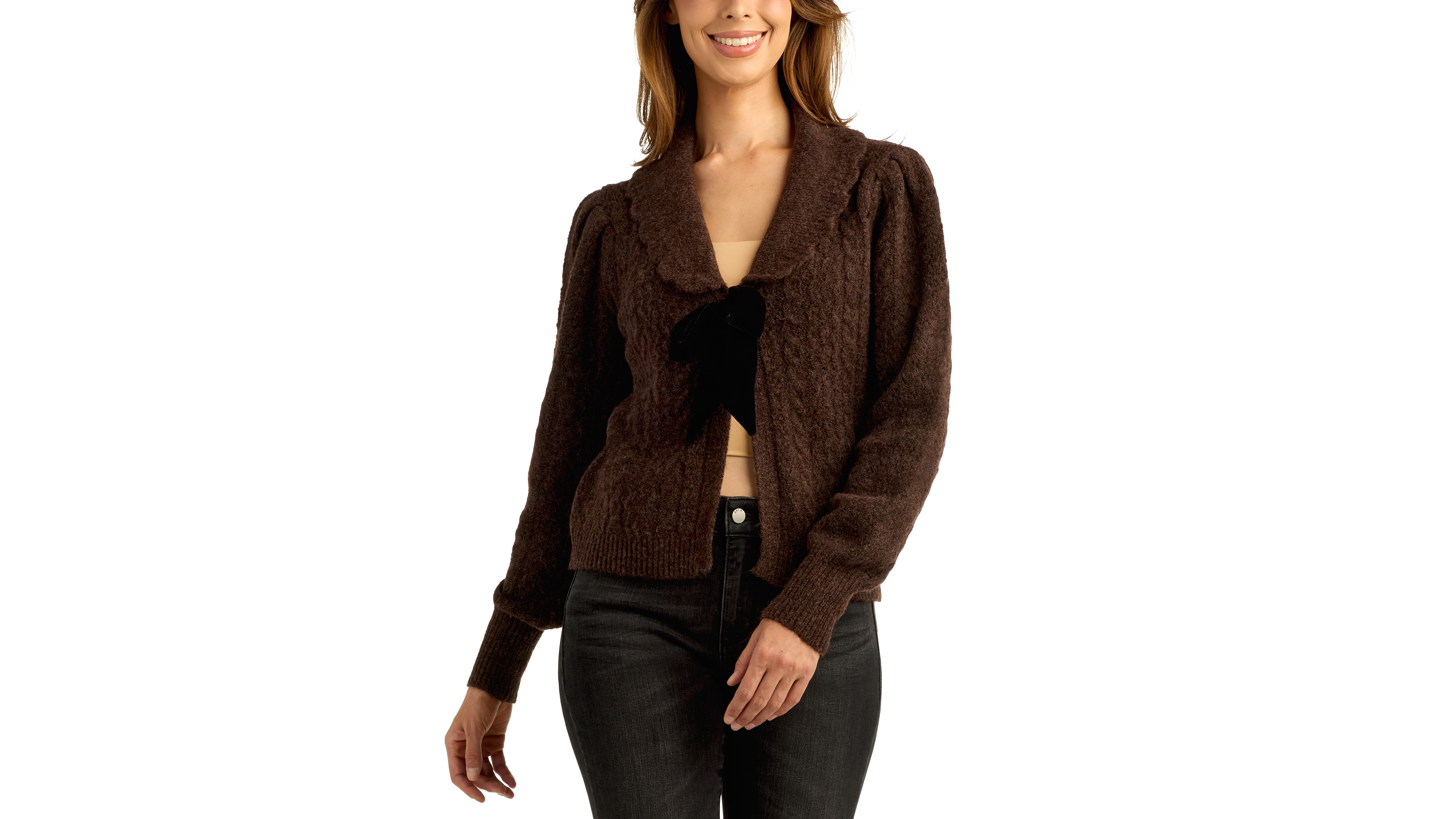 Bcx Juniors' Cable-Knit Bow Long-Sleeve Cardigan