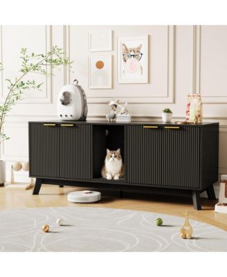 60" Double Cat Litter Box Enclosure Furniture for 2 Cats, Wooden Hidden Litter Box Cabinet TV Stand with Solid Wood Legs