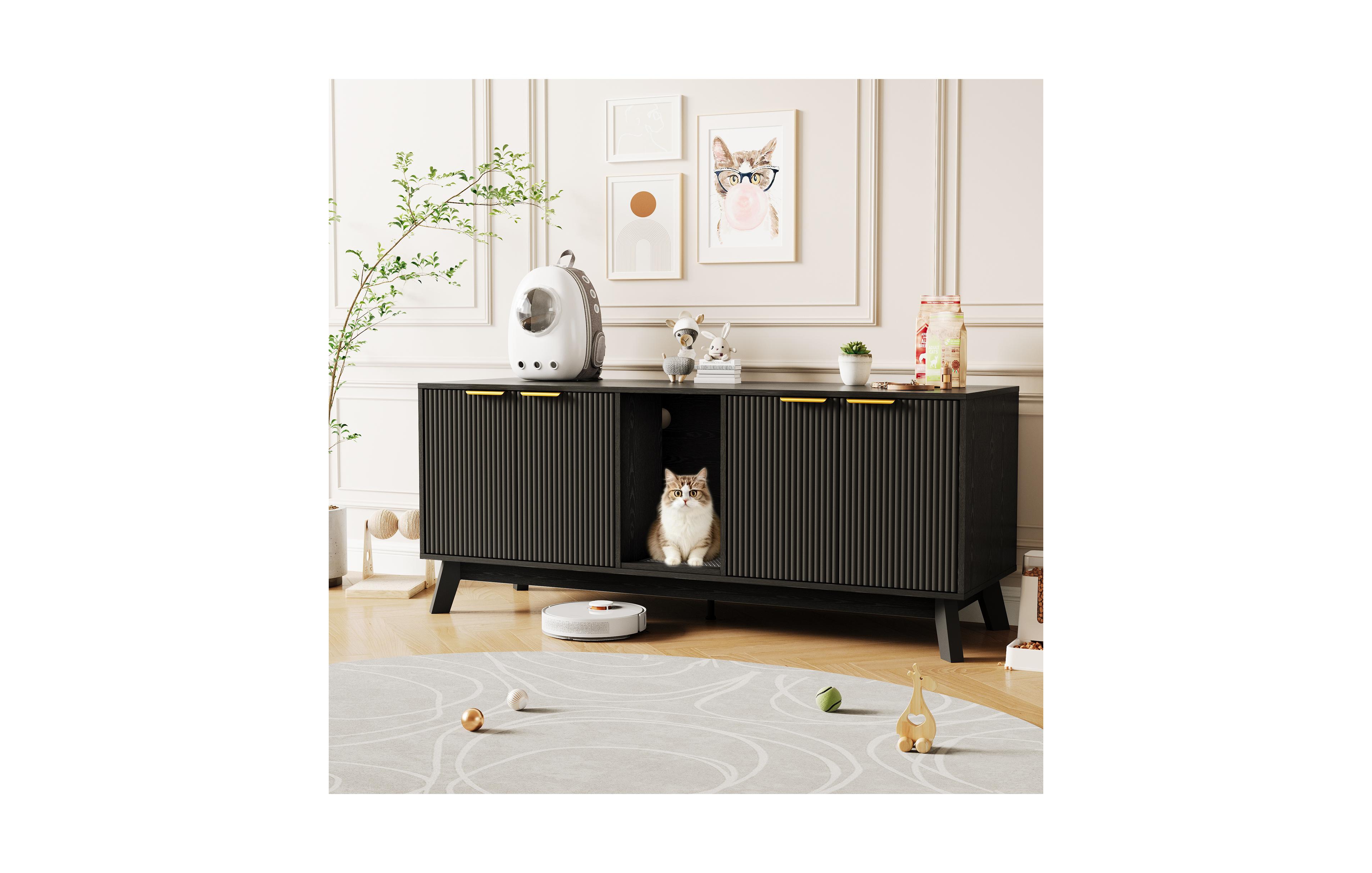 Lalfpet 60" Double Cat Litter Box Enclosure Furniture for 2 Cats, Wooden Hidden Litter Box Cabinet Tv Stand with Solid Wood Legs